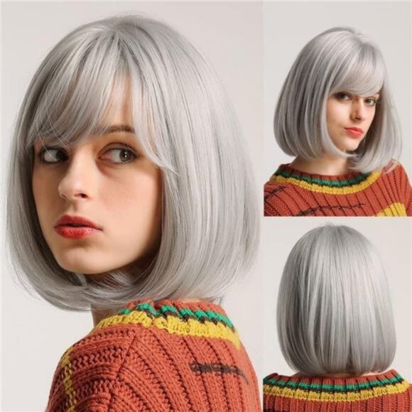 Silver Grey Bob Wig with Bangs 12" Short